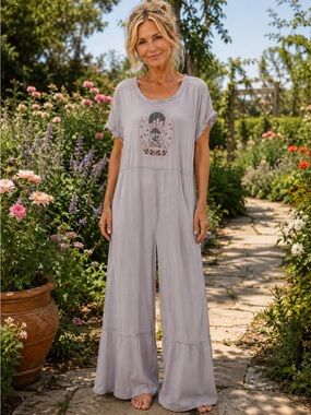 Yak & Yeti L/XL Lavender Wide Leg Jumpsuit Embroidered Boho Pockets NWT